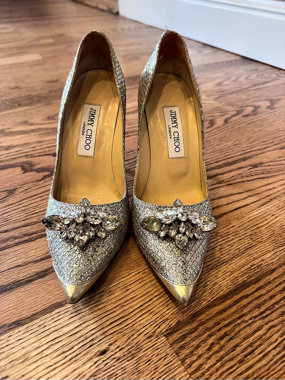 Jimmy Choo Romy Crystal Tiara Glitter Pumps Gold Heels